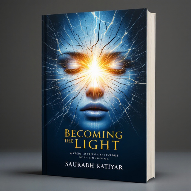 A close-up, hyperrealistic human face is placed centrally on the cover, appearing like cracked porcelain. The fissures radiate outward, and from within shines an intense, golden-white light that grows brighter toward the center. The light gradually softens and fades at the edges, blending into a gradient background of deep blue fading into black. Subtle patterns, such as fractals or organic designs, appear within the light, symbolizing interconnectedness and purpose. The author's name is positioned subtly at the bottom, leaving the radiance of the imagery as the focal point.