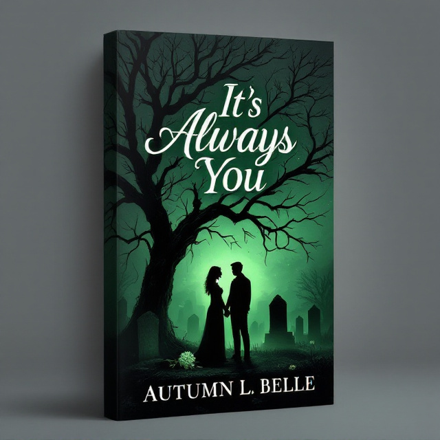 A silhouetted couple under a morbid, dark tree with twisted, bare branches. The background is an eerie night sky, with a greenish tint to represent a haunting yet ethereal glow. The couple stands in a graveyard, slightly apart but holding hands, surrounded by soft green mist. A single wilted rose lies on a tombstone in the foreground. The edges of the cover fade into black, enhancing the dark, mysterious mood.
