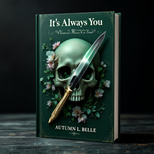A dark green, textured background that mimics worn leather or aged parchment sets the tone for the cover. In the center, a skull emerges partially from shadows, blending seamlessly with elegant, cascading snapdragons that appear to grow through and around the bones. A gleaming scalpel lies diagonally across the skull, reflecting its surroundings—its sharp edge catching hints of soft light, symbolizing danger and fragility. Subtle swirls or vine-like patterns are faintly scattered across the background to evoke romance amidst the morbidity.