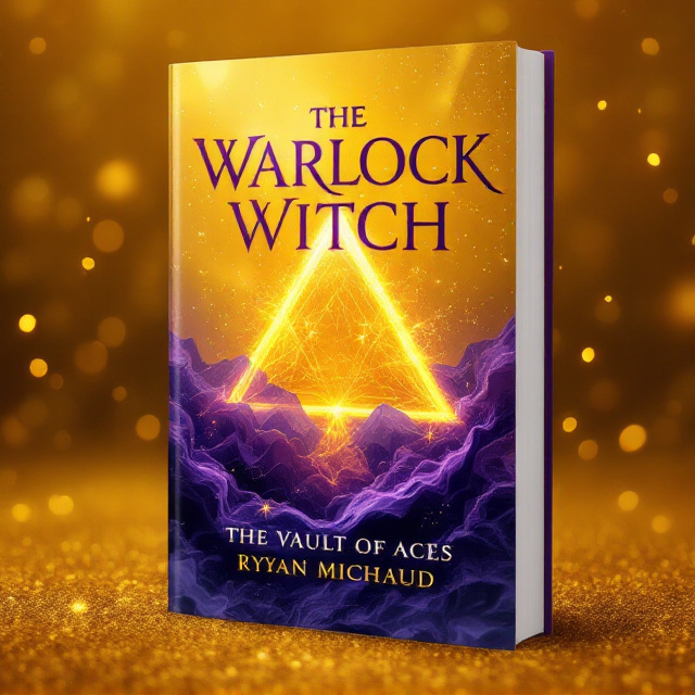 The background is a glittering yellow sky that radiates faint beams of light from the center outward. Across the center of the cover is a fading yellow triangle card suit, its edges blurred and shimmering as though it's dissolving into magic. Surrounding the triangle is violet liquid, swirling and wrapping it as if encasing the card suit in mystical energy. At the bottom of the cover, the violet mountain fades seamlessly into the glittering yellow sky, creating a smooth gradient transition.