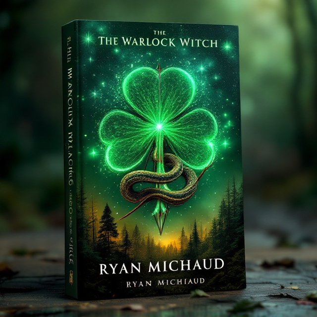 A fading green clover card suit sits prominently in the center of the cover, its edges dissolving subtly into a glittering emerald sky. A snake, coiled elegantly around a wooden bow and arrow, is wrapped around the clover suit, drawing the viewer's eye. Below the vibrant green sky, the forest at the bottom is depicted in earthy brown tones, fading naturally into the sparkling sky above. The composition incorporates both a mysterious glow and a sense of enchantment.