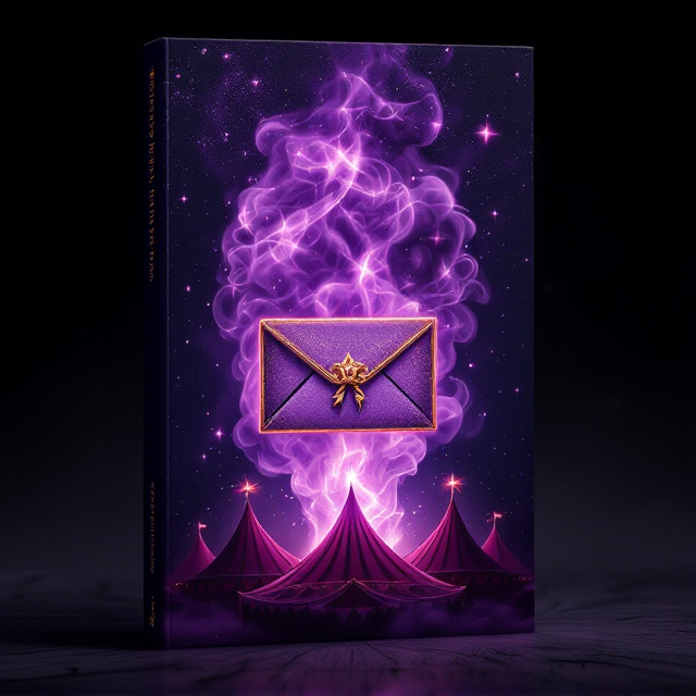 A glittering purple sky serves as the backdrop of the cover, seamlessly fading into maroon circus tents at the bottom. Rising from the center of the tents is a mysterious cloud of smoke, swirling darkly with faint streaks of silver shimmer. Floating near the top of the cover is an ethereal purple star card suit that appears to be fading into the smoke. At the heart of the design is an envelope tied with a delicate ribbon surrounded by enchanting glowing wisps of smoke, sitting directly in the foreground.