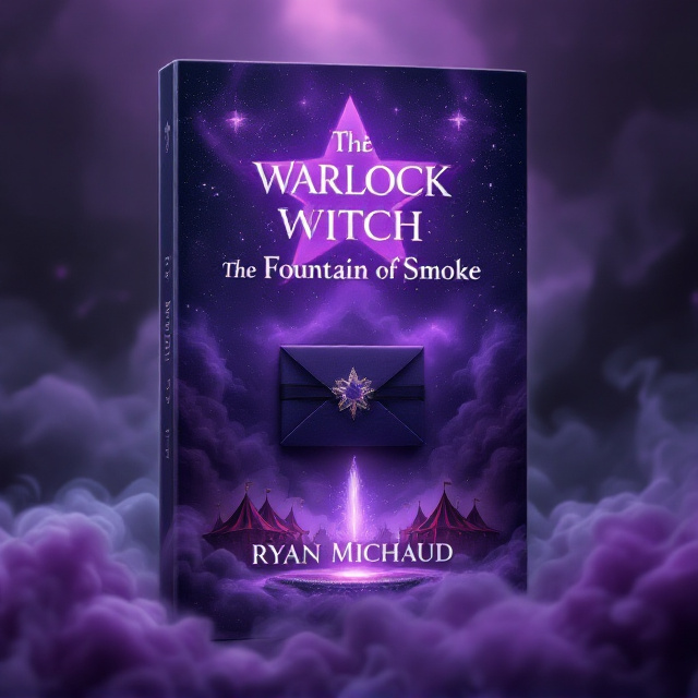 A fading eight-pointed purple star card suit dominates the top center of the cover, shimmering against a glittering purple sky. The sky cascades downward into layers of smoky wisps, which envelop a small envelope wrapped delicately around a dark ribbon near the center. Below, maroon circus tents gradually emerge from thickening smoke, with a mystical fountain at the bottom emanating a spiraling haze of smoke that merges with the sky above. Every element fades cohesively into the surrounding purple tones and glittering accents to create an enchanting atmosphere.