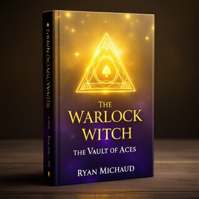 standing book mockup, Its title is "The Warlock Witch: The Vault of Aces". Its author name is Ryan Michaud.  A glowing golden dome prominently positioned in the upper-center of the cover. Inside the dome is a large, fading yellow triangle with a card suit design subtly engraved within its surface, its edges radiating a soft, magical light. The top half of the background transitions to a glittering yellow sky, with tiny particles of light adding depth and mysticism. The bottom half features a rich violet field that blends seamlessly into the yellow sky, creating an ethereal gradient. Elegant serif fonts are used for the title (“The Warlock Witch The Vault of Aces”) in gold, slightly beveled to mimic a magical shimmer effect. Author’s name ("Ryan Michaud") is positioned at the bottom in a slightly smaller, clean sans-serif font in white., The glowing dome stands under the centered title. The text is balanced on the top and bottom to create visual harmony without drawing overpowering attention. The lower portion allows space for the violet field to fully merge into the glittering sky.