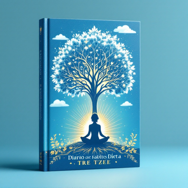 A serene and vibrant blue background representing tranquility and wellness. At the center, a majestic "tree of life" with flourishing branches and roots, symbolizing growth and connection, rendered in white and gold. Below the tree's canopy, a silhouette of a woman sitting in a meditative pose, surrounded by faint golden light rays that radiate positivity and joy. In the upper half of the cover, white clouds give a soft, dreamy touch, while faint abstract patterns of leaves and flowers bring texture to the background.