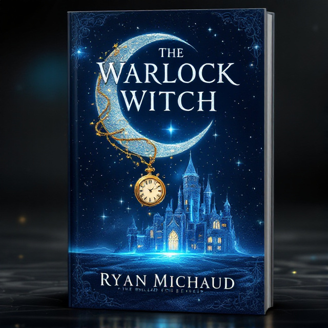 A fading navy crescent moon card suit emerges from the glittering navy sky at the top middle of the cover. A delicate pocket watch wrapped around the moon glimmers with subtle golden accents, strings of magical light connecting to the vast sparkling blue castle positioned at the bottom of the cover. The castle fades and blends naturally into the starry navy background, creating seamless visual depth. Ethereal glows and shadowy swirls of magic envelope the entire design, adding mystery and fantasy.