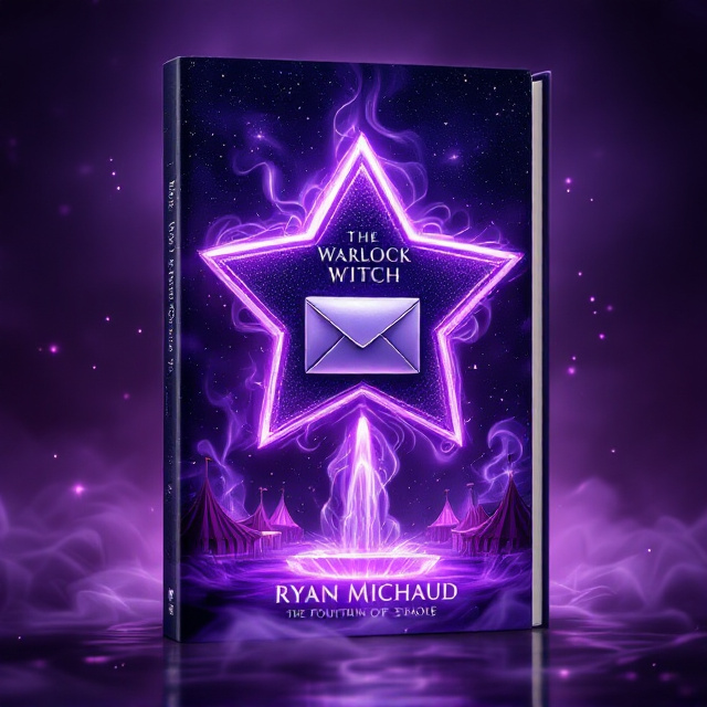 A glittering purple sky dominates the background, gradually fading darker toward the top corners. Floating in the center is a slightly translucent, ten-pointed purple star card suit, its edges softly dissolving into the smoke swirling around it. A silvery envelope, wrapped in swirling ribbons of smoke, lies diagonally across the center of the star. Below, maroon circus tents emerge from the smoky edges, blending into the bottom of the cover. At the center-right bottom, a mystical fountain made entirely of curling, luminescent smoke rises upward, its trails merging seamlessly with the sky above. Dazzling glitter effects are scattered across the composition, enhancing the magical ambiance.