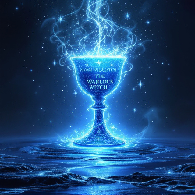 A mystical glittering light blue sky fills the background of the book cover, fading from a darker, deeper blue at the edges into a luminescent light blue center. A fading blue chalice card suit floats prominently at the center of the composition, wrapped by ethereal glowing words that coil and twist around it like ancient runes. Below, an ink-filled river flows across the bottom, blending seamlessly into the glittering sky, its inky substance giving off wisps of vapor that rise toward the chalice. Tiny shimmering stars and swirling magical trails give the cover elegance, mystery, and a captivating fantasy aura.