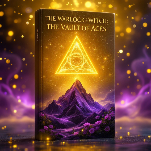 A mystical, glowing yellow sky serves as the backdrop, adorned with glittering golden sparkles blending into deep shades of violet toward the bottom. At the center is a faded yellow triangle card suit floating midair, surrounded by swirling violet liquid ribbons, giving the appearance of enchanted movement. Beneath this centerpiece, a majestic violet mountain rests in harmony, with vibrant violet flowers blooming at its base. The mountain is encased within a radiant golden dome, which gradually fades into the glittering yellow sky above.