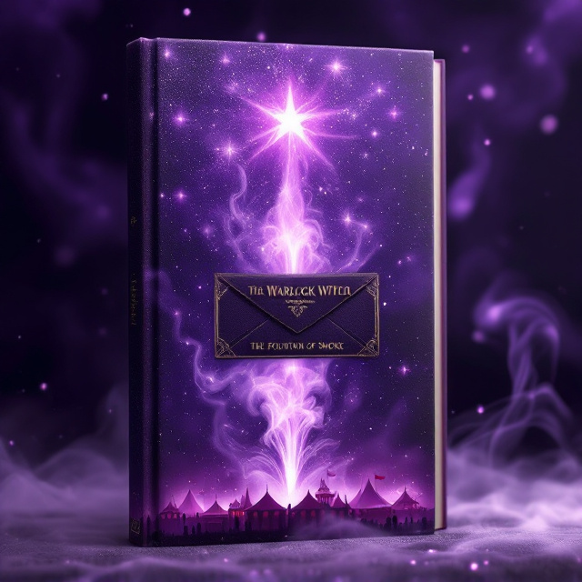 A glittering purple sky forms the primary background of the cover, strewn with faint trails of sparkling smoke that swirl and blend into the top edge. A fading, ten-point purple star card suit is centered, glowing faintly as though enchanted, and textured to appear slightly ethereal. Below, the bottom third of the cover transitions into a scene of maroon circus tents arranged in silhouette form, with a grand fountain made entirely of swirling smoke rising in the center. The fountain gradually dissipates upward, blending seamlessly into the glittering purple sky. An aged envelope, wrapped in a crimson ribbon, floats prominently near the middle, partially overlapping both the star card suit and smoke trails.