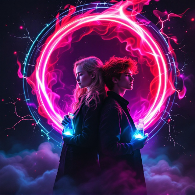The cover depicts the blonde-haired girl with violet eyes on the left side, her body angled slightly as she leans back-to-back with the red-haired boy positioned on the right. The boy holds a glowing test tube that generates a surreal gradient of red, purple, and green light, its fluid swirling as though alive. Behind the duo, a large, circular portal dominated by swirling, pink flames stretches across the background, its edges crackling with energy. Shadows and ethereal mist curl at their feet, enhancing the sense of mystery and suspense. The color palette features high contrast—deep blacks, neon highlights from the flames, and the glowing test tube juxtaposed against the characters’ more natural tones.