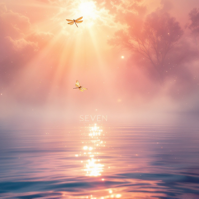 A misty lake surrounded by gentle ripples of water glistening under a magical ray of sun. A golden-hued dragonfly is fluttering above the lake, its shimmer standing out amidst the pink and yellow hues of the skies created by the sunrise. A painterly texture is applied, with artistic brush strokes blending the lake, sky, and brightness together softly, giving a dreamlike, romantic quality.