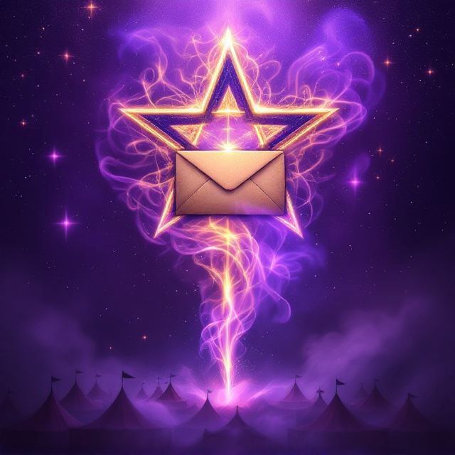 A vivid and artistic depiction of a fading purple eight-pointed star seamlessly blending into a glittering purple sky. Smoke wraps around it in swirls, giving it a mysterious, magical aura. Emerging from the swirling smoke is an aged envelope, slightly glowing with golden essence. Below, maroon circus tents cluster at the bottom, their tops fading gradually into the shimmering sky. The prominent element at the bottom is a wispy, ethereal fountain made entirely of smoke, fading upward into the starry expanse.