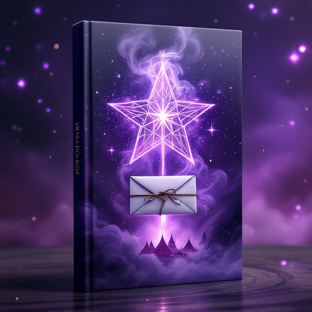 A dreamy and enchanting purple sky scattered with glittering stars, dominated by an eight-pointed fading purple star card suit at the center, glowing faintly with magical energy. Surrounding the star, smoke trails twine upward, connecting elements of the design. In the bottom third of the cover, maroon circus tents emerge faintly from the smoky depths, while the magical fountain filled with swirling smoke is visible at the very center-bottom of the cover. An ornate white envelope wrapped with twine floats in mid-air, partially engulfed by the smoky tendrils, hinting at mysterious communication.