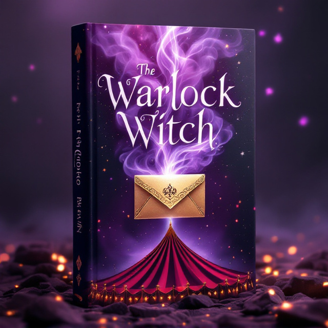 The book cover features a mesmerizing glittering purple sky with swirls of smoke scattered across it. Fading purple star card suits are subtly embedded into the sky, shimmering and glowing faintly, giving the illusion of magical movement. A maroon circus tent stands firm at the bottom, creating a stark yet elegant contrast. In the center of the cover, a fountain of smoke emerges from the tent, twisting and rising upwards, seamlessly blending into the purple sky. An ornate golden envelope wrapped in delicate ribbons is placed prominently in the foreground, symbolizing the mystery.