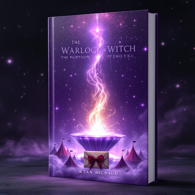 A vast, glittering purple sky takes up two-thirds of the book cover, with cascading trails of sparkling smoke swirling upward. At the heart of the composition lies a glowing, semi-transparent ten-point purple star card suit, exuding an otherworldly ethereal aura. The lower portion transitions seamlessly into silhouettes of maroon circus tents, surrounding a grand fountain filled with luminous swirling smoke that spirals upward, merging into the sky. An aged envelope tied with a crimson ribbon peeks intriguingly from the base of the smoke, adding eerie sophistication. The mix of light and dark gradients adds mystique and depth to the design.