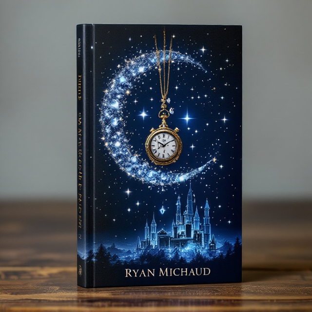 A mystical navy-toned cover with a glittering navy crescent moon card suit prominently fading into a starlit sky. The moon is surrounded by a cluster of delicate, glowing silver mist, creating an aura of magic and mystery. A beautifully ornate, golden pocket watch hangs suspended in the sky, with tiny intertwined bronze and crystal chess pieces elegantly wrapped around its chain. Beneath the celestial scene, a glittering blue castle sits at the bottom edge of the cover, seamlessly fading upward into the navy sky, giving an ethereal, dreamlike transition.