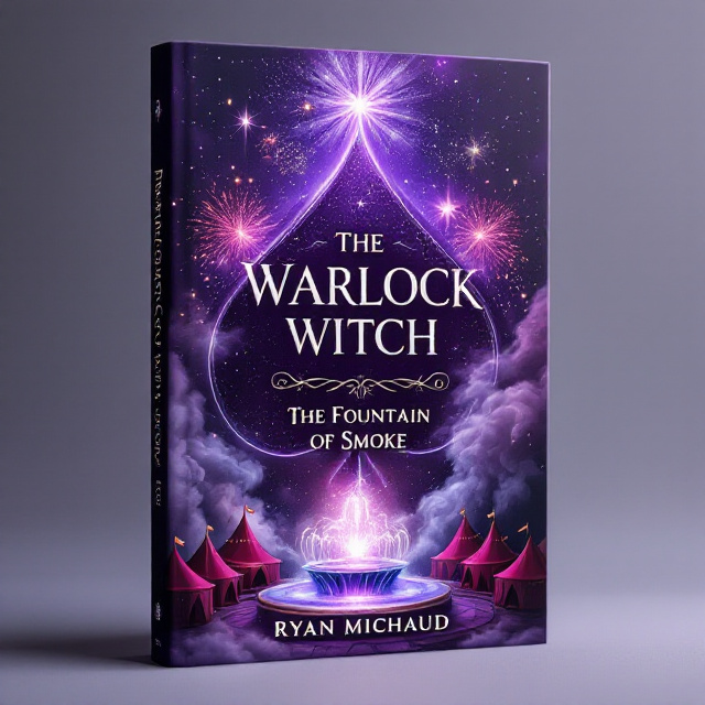 A large, radiant purple star card suit fades into a glittering gradient purple sky, which is dotted with cascading silver sparkles. The whole background is enshrouded in swirls of gray and lavender smoke that intertwine with bursts of colorful fireworks. At the bottom of the cover, maroon circus tents in varying sizes create an arc, framing a central mystical fountain filled with smoky wisps that seamlessly blend into the starry sky above.