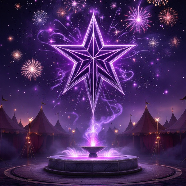 A dazzling purple sky filled with fireworks fades into a glittering star-scape, dominated by a massive eight-point purple star. The star radiates silvery lines that intertwine with streams of smoke, creating an ethereal, mystical effect that wraps around the star. At the bottom, the scene transitions into a dark, maroon circus ground where tents stand shadowed, mysterious. The centerpiece at the bottom is a marble fountain releasing wisps of smoke instead of water, glowing faintly with purple light.