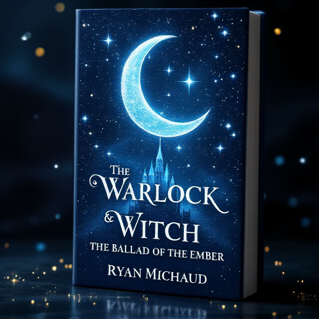 A glowing navy crescent moon card suit dominates the top center of the book cover, fading into a glittering, mysterious navy blue sky full of small shimmering stars. At the bottom of the page, a glittery sparkly navy blue castle floats, surrounded by faint, glowing swirls of magical dust. The entire composition has an ethereal and elegant magical aura, complemented by subtle gradients and textures.