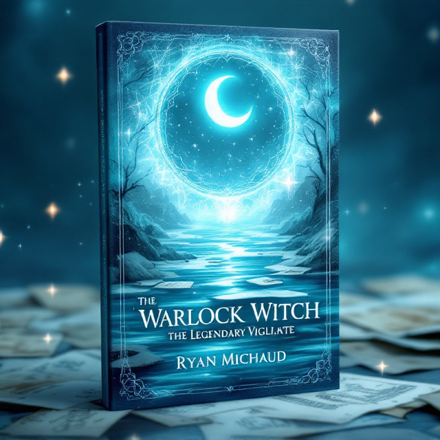 The cover features a mystical light blue river flowing horizontally across the bottom third, filled with pieces of parchment-like paper, each bearing ancient ink symbols and sketches. Above it, blending into a fading light blue sky, a large, magical blue cup card suit symbol sits prominent, with its top forming an enchanting crescent moon glowing softly. A faint aurora-like glow surrounds the crescent, creating an atmosphere of magic. The backdrop transitions from a darker blue at the edges to a lighter ethereal blue toward the center, hinting at mystery. Subtle sparkles and swirls of glowing magic are scattered throughout the composition.