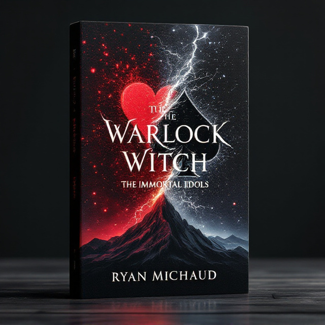 A mesmerizing, glittering sky fills the majority of the cover. The sky is split diagonally into halves—the upper left fading into deep, fiery red and the lower right shifting into a mystical black, with tiny glittering stars scattered across. At the center of the cover, a dramatic collision between a vivid red heart card suit and a sharp black spade card suit occurs, with crackling, magical energy radiating outwards from the clash. Their fading edges blend seamlessly into the glittering sky behind them. Below this, Mount Olympus is rendered in deep black silhouette, grounded at the very bottom of the page and faintly dissolving into the enchanting sky above.
