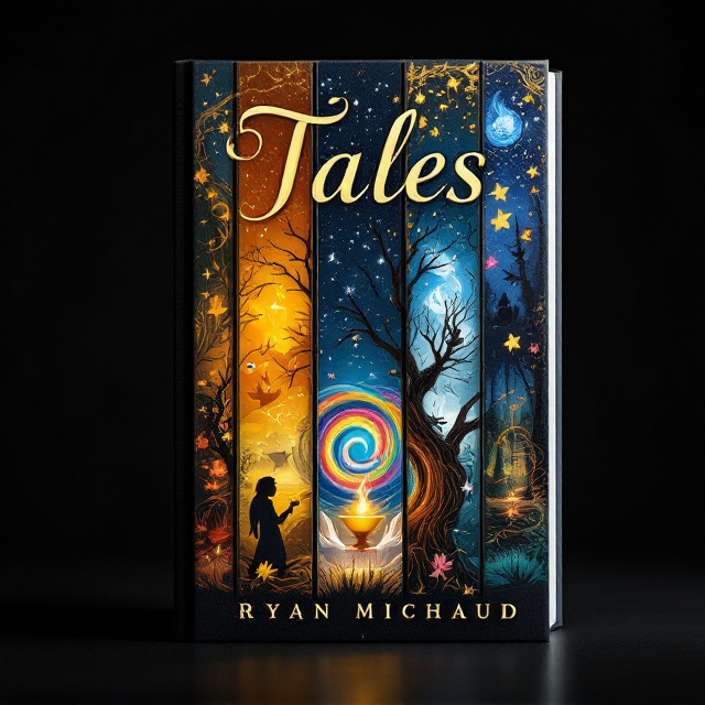 The cover is split vertically into five distinct sections, each dedicated to one fairy tale. Each section is richly illustrated with elements representative of its story a golden lamp for Aladdin in radiant yellow and orange tones, a graceful swan on a calm lake for Swan Lake in silvery blues, a pirate ship silhouetted against a night sky for Peter Pan in deep navy and gold, a whimsical teacup and playing cards spiraling through a colorful vortex for Alice in Wonderland, and a forest with an arrow splitting a tree trunk for Robin Hood in earthy greens and browns. The transitions between the sections are seamless, with swirling magical dust and sparkles bridging the stories, adding an otherworldly effect.