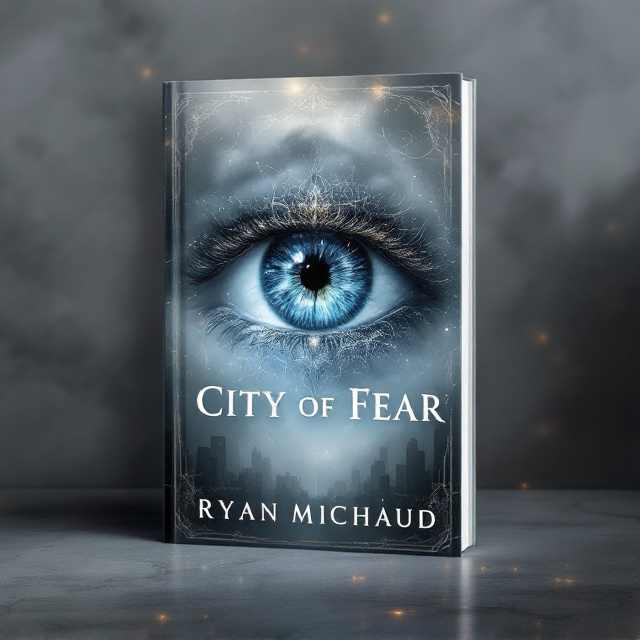 A striking visual of a large, mystical eye with intricate designs and shimmering patterns, fades seamlessly into a cloudy, ethereal sky. The transition from the eye to the sky contains faint outlines of a dystopian city skyline, subtly embedded into the grey-toned background. The edges of the cover feature soft, glowing embers and wisps of magical light, adding an air of mystery and fantasy. The overall palette consists of shades of grey accented with hints of silver and muted blue tones.