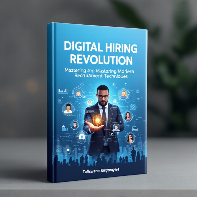 A sleek sky-blue background with a recruiter engaging with a floating holographic interface displaying digital tools like AI icons, connected social media logos, candidate profiles, and analytics charts. In the sky-blue backdrop, a futuristic city skyline subtly emerges, symbolizing advanced technology and modern connectivity. Around the holographic elements, glowing lights accentuate the tech-driven theme. Diverse workforce silhouettes are included at the bottom right corner for inclusivity.
