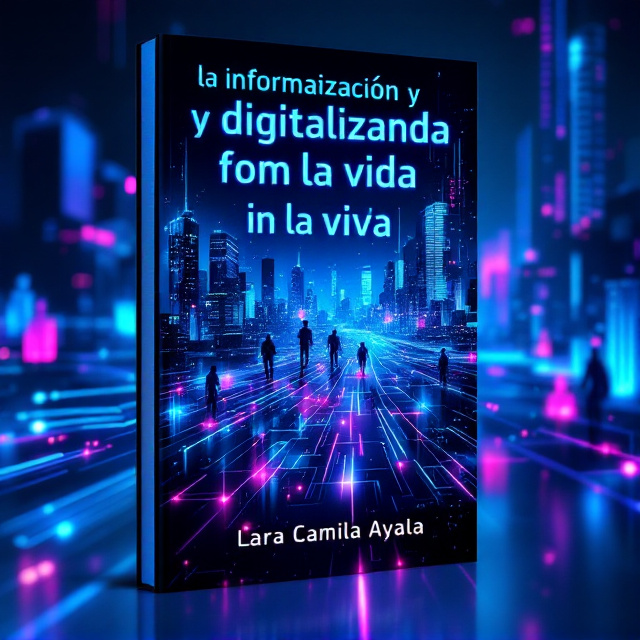 A futuristic cityscape in the background with interconnected glowing data streams flowing through it, resembling a digital network. Silhouettes of people are integrated into the streams, symbolizing the merging of human life with digitalization. The color palette is dominated by electric blues, vibrant purples, and hints of neon pink, creating a sci-fi and high-tech ambiance. The title is prominently displayed across the upper third, with holographic-style effects giving it a digital glow.