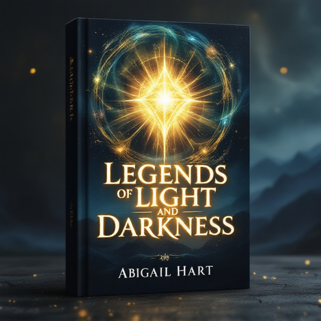 A glowing, enchanted golden dias sits at the center of the cover, rays of magical light piercing through a swirling storm of dark clouds hovering above it. The dias is encircled by four elements (fire, water, earth, and air) depicted in vibrant swirling colors, forming a spectral vortex around it. In the background, far-reaching, misty mountains touch the shadowy horizon, faintly illuminated by a faint aurora-like glow. The overall color palette contrasts light and dark tones, creating a balance of intrigue and mysticism.