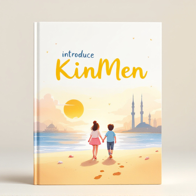 The cover features an illustration of two children holding hands and walking along a golden sandy beach at sunset. In the background, a soft watercolor sky fades from warm orange to pale pink, dotted with fluffy clouds. Minimalist line-drawn images of iconic Kinmen landmarks are subtly included in the horizon, adding a sense of place. The foreground focuses on their small footprints trailing away, with shells and waves adding delicate details.