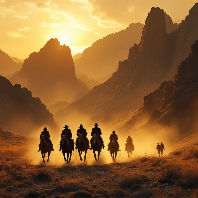 A rugged panorama of rocky mountains dominates the background, bathed in the warm, golden brown hues of a sunset. In the foreground, four shadowy silhouettes of cowboys on horseback appear to be galloping away, creating a sense of urgency and adventure. Faint wisps of dust rise behind the horses, emphasizing the chaotic escape. The police chase is subtly hinted at, with small, distant figures barely visible at the bottom of the scene.