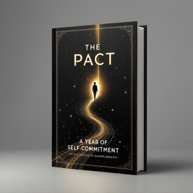 A sleek and textured black background with a faintly glowing pathway subtly extending upward, symbolizing determination and vision. A silhouette of a figure, walking steadily toward the top, fades into the distance, representing self-commitment and focus. Starry elements interspersed across the design evoke feelings of hope and dreams, subtly merging into abstract golden lines that signify accomplishments and success.