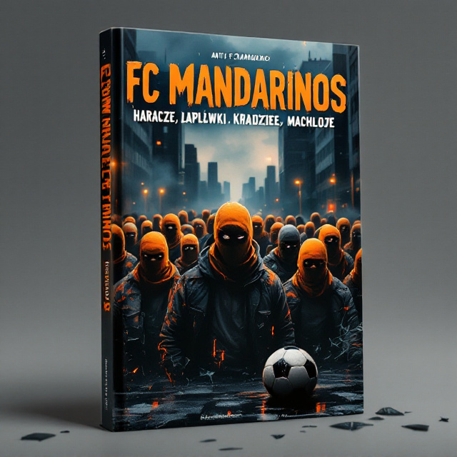 An ominous urban cityscape shrouded in shadows occupies the background, illuminated partially by scattered orange streetlights. Angry figures of football fans wearing orange balaclavas dominate the foreground. Their balaclavas stand out vividly against the otherwise dark, moody colors of the cover. A football is faintly visible towards the bottom right, partially submerged in a dark puddle that reflects the lights of the city. Broken glass pieces and graffiti further heighten the chaotic essence of the scene.