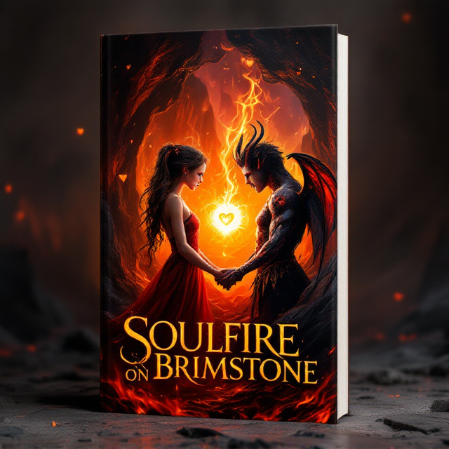The cover features a vivid, fiery backdrop of molten lava flows and jagged rock formations, evoking the hellish setting. At the center of the cover, a glowing, radiant soul-like orb floats between the two lead characters—a mortal girl in a flowing, ember-laden dress and a female demon with twisting horns, bat-like wings, and glowing tattoos. They are clasping hands, their gazes locked in an intense, intimate moment. Above them, subtle wisps of flame curl into heart-like patterns, symbolizing love. The overall color palette is rich with deep reds, oranges, and golds with hints of midnight black.