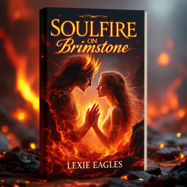 A fiery and dynamic scene depicting hell's landscape filled with molten lava flows and sharp, jagged rocks. At its center, a glowing, ethereal female demon with flaming horns gazes deeply into the eyes of a human girl who radiates soft, divine light. Both characters are positioned to convey intimacy and connection, with flames and embers swirling around them. A faint silhouette of two clasped hands made of fire and light is subtly visible in the background, symbolizing their love.