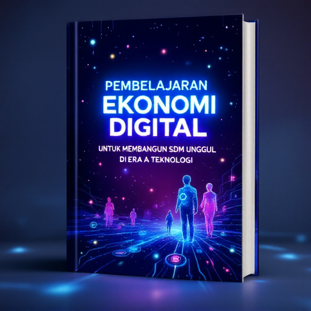 A dynamic and futuristic illustration featuring a glowing, interconnected digital network with nodes and lines radiating outward, symbolizing the digital economy. The background is a gradient blend of deep blue and vibrant purple to represent innovation and technology. In the foreground, abstract human silhouettes with gears and circuits embedded in them signify the development of superior human resources. The layout includes scattered icons representing economic symbols like graphs, coins, and digital devices subtly blended into the background.