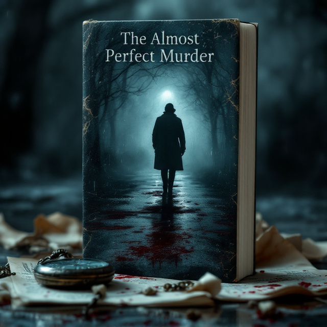 A dark, moody background resembling a rainy night, with faint traces of blood pooling into water puddles. A faint silhouette of a mysterious figure in a trench coat walking away in the distance. A cracked, weather-worn pocket watch placed in the foreground alongside scattered, crumpled pages from a notebook, adding a sense of intrigue and detail. Subtle, shadowy fog around edges to create a haunted ambiance.