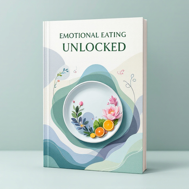 A centered, circular plate illustration surrounded by abstract, flowing patterns such as soft waves in pastel hues of blue, green, and lavender, symbolizing emotional transformation. On the plate, a harmonious balance of healthy food representations (a vibrant salad or fruit) and mindfulness-oriented elements like a blooming lotus flower and a meditating silhouette. Shadow-like swirls emanating from the plate delicately hint at emotional challenges. The background is mildly textured with gradient coloring, transitioning from a soothing white at the top to a light pastel green at the bottom.