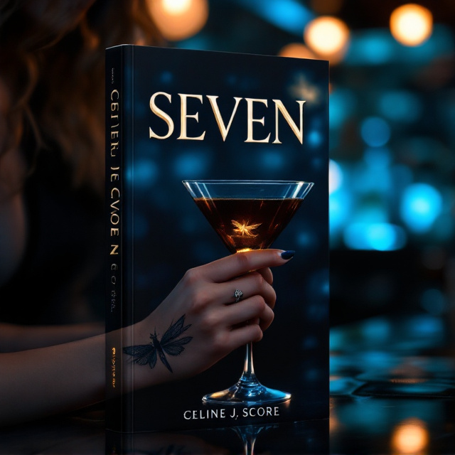 A close-up of a woman’s hand, with delicate fingers holding a sleek espresso martini glass. Her wrist is tilted slightly, revealing a detailed tattoo of a dragonfly on the inside. The scene is set in a dimly lit, modern bar with blurred, ambient blue and black hues glowing in the background. The dragonfly tattoo shimmers faintly, hinting at something magical under the moody lighting. Soft light from above casts subtle shadows, enhancing the romantic and mysterious feel.