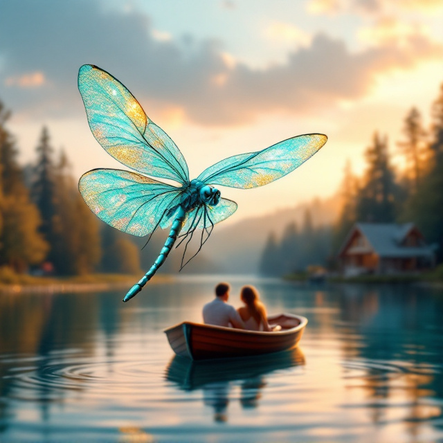 A close-up of a turquoise, glimmering dragonfly hovering above the serene water of a lake. Its delicate wings catch the light, sparkling with pink and yellow hues that reflect the sunset. Behind the dragonfly, the lake stretches out, and slightly blurred but still noticeable, is a small wooden boat with two silhouettes sitting close together, enjoying the romantic summer sunset. Further back, a cozy cottage nestled amidst tall trees is barely visible on the edge of the lake, and the sky above transitions seamlessly from warm pink to golden yellow. Soft ripples on the water emphasize the magical, tranquil atmosphere.