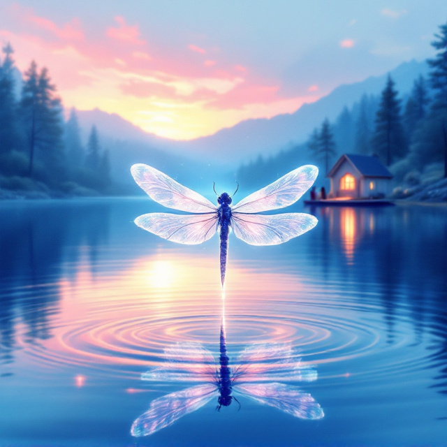 A magical, glowing dragonfly at the center of the cover. It is positioned close to the calm, crystal-clear blue water of a serene lake, with soft ripples emanating from where it lightly touches the surface. In the background, the vast lake stretches outward, subtly reflecting the vibrant pink and yellow hues of a dreamy sunset. Further back, a small, charming cottage with warm glowing windows sits nestled among the trees, and a tiny boat with two figures in an intimate pose drifts in the distance. The entire visual carries a hand-drawn, ethereal effect with soft brushstrokes, giving it a romantic, magical feel.