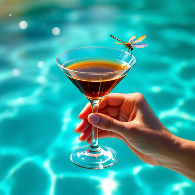 A close-up scene of a hand gracefully holding an espresso martini, placed prominently in the foreground. The glass reflects the sunlight glinting off the pristine, clear blue water in the background. A vibrant, iridescent dragonfly perches delicately on the rim of the martini glass, its wings shimmering with pops of color. Light ripples dance on the water, creating a relaxing summer vibe, and subtle sun flares add a dreamy, romantic touch.
