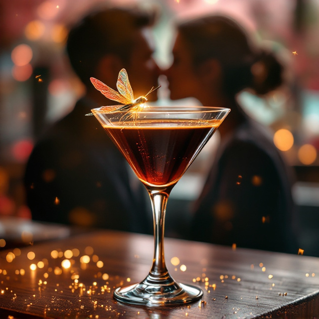 The foreground features a close-up of a shimmering espresso martini glass sitting on a polished wooden bar counter. Perched delicately on the rim of the glass is a radiant, multicolored dragonfly with translucent, glittering wings, illuminated by golden light. The background has a soft blur of two silhouettes in mid-kiss, bathed in romantic, pinkish hues. Around the martini glass, scattered golden sparkles and glitter emphasize the magical mood, giving the cover a soft, whimsical effect.