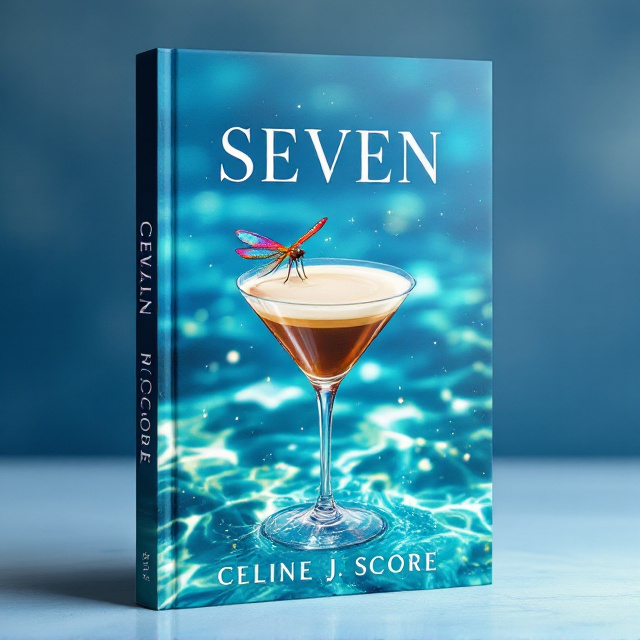 A picturesque scene of clear blue water occupying the bottom two-thirds of the cover, shimmering with sparkles and glitter. An espresso martini glass rests above the water, tilted slightly to display its creamy surface, catching the light. Perched delicately on the rim of the glass is a beautiful, colorful dragonfly with iridescent wings that seem to glow against the background. The blue ombre title "SEVEN" is centered across the top, while the author name "CELINE J. SCORE" is styled elegantly near the bottom, subtly blending into the water.