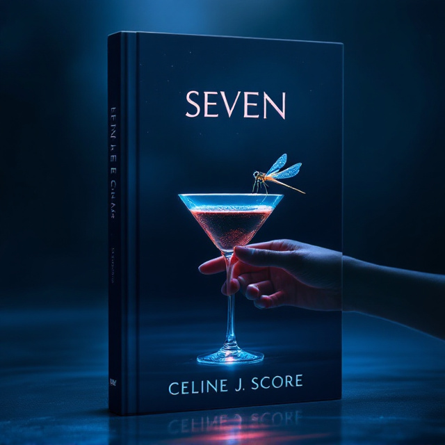 A dark, moody night sky fades into a gradient of deep blue and soft pink, representing loneliness and emotional intensity. At the center of the cover, a hand delicately holds an espresso martini glass with a slight chip on the rim. The glass sparkles faintly under subtle glittering reflections that mimic starlight. A dragonfly, with shimmering translucent wings that catch the gradient's colors, rests elegantly on the edge of the glass. Below the hand, the espresso martini hovers over clear, still, blue water that blends into the background's gradients. The entire scene exudes emotional gravity with a cinematic glow.