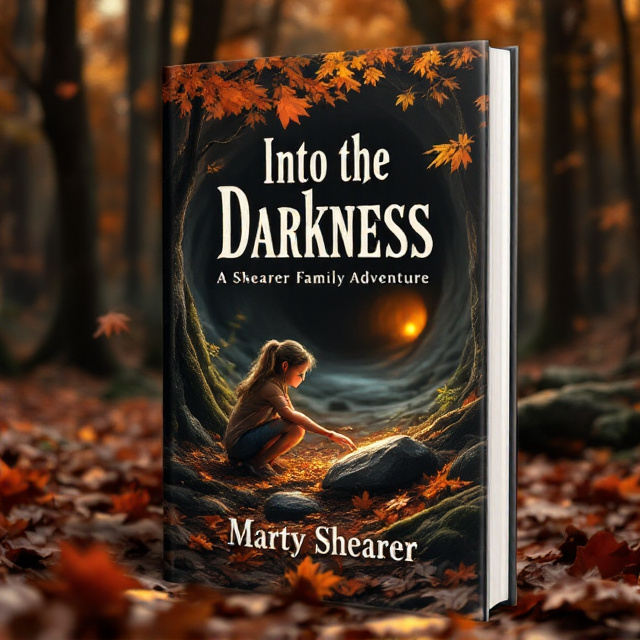 The cover illustrates a lush forest floor depicted in warm autumnal colors—a rich tapestry of reds, oranges, and browns with a dense scattering of fallen leaves. In the foreground, Lindsey kneels, half-hidden in shadows, her face illuminated with an expression of intrigue as sunlight filters through the forest canopy. Her hand reaches toward a smooth, dark stone, faintly glowing, half-buried in the damp earth. In the background, through the parting trees, the silhouette of a cavern looms large, dark, and mysterious, with faint lights emanating from within.