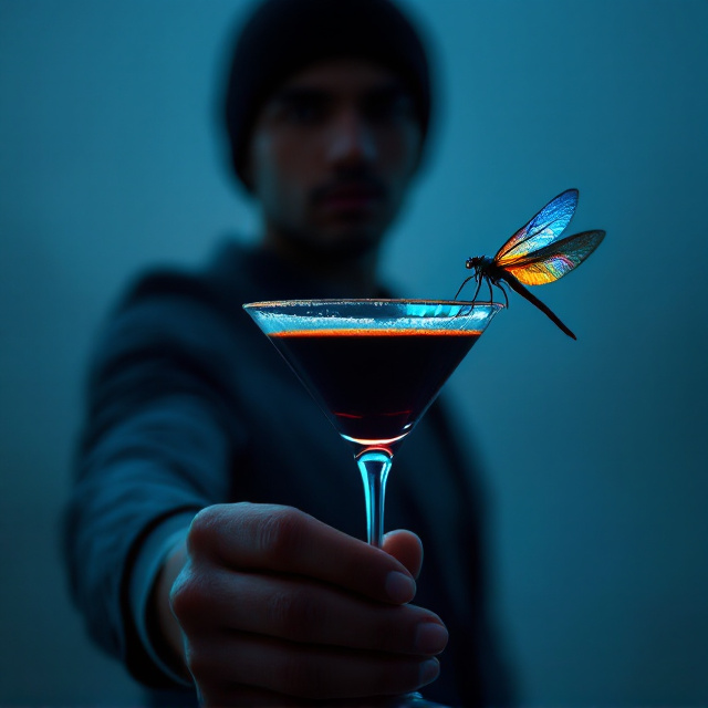 A soft, muted clear blue background with a hand in the foreground holding an elegant espresso martini glass. The martini glass has a rim lightly frosted with sugar, and perched on the edge of the glass is a vibrantly colorful dragonfly with wings fluttering softly. The guy wearing a beanie is placed far in the background; he is barely discernible with his silhouette blending into the dusk-like lighting. A faint halo of pink light frames the darker elements, adding a subtle romantic glow. Shadows are delicately worked into the scene to deepen the “dark romance” vibe.