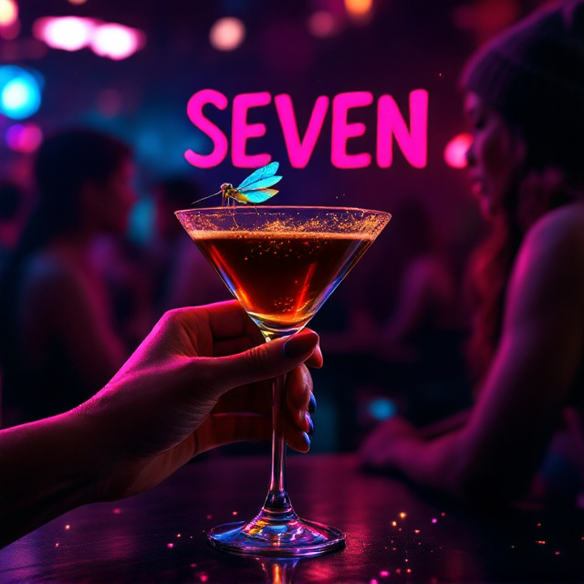 A close-up of a woman’s hand holding an espresso martini with a colorful dragonfly perched delicately on the rim. The background depicts a dark, dimly lit club with barely recognizable silhouettes of people, creating a sense of intimacy and mystery. One person is wearing a beanie, positioned slightly to the right in the scene. Sparkles subtly light up the foreground around the martini glass, blending pink and blue hues to evoke fun and romance.